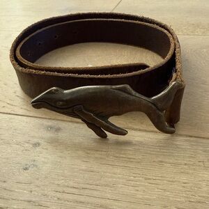 Brown leather whale buckle belt JCrew made in USA 32”-39” waist